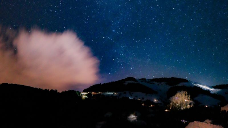 mountains, starry sky, night, landscape, dark, 4k