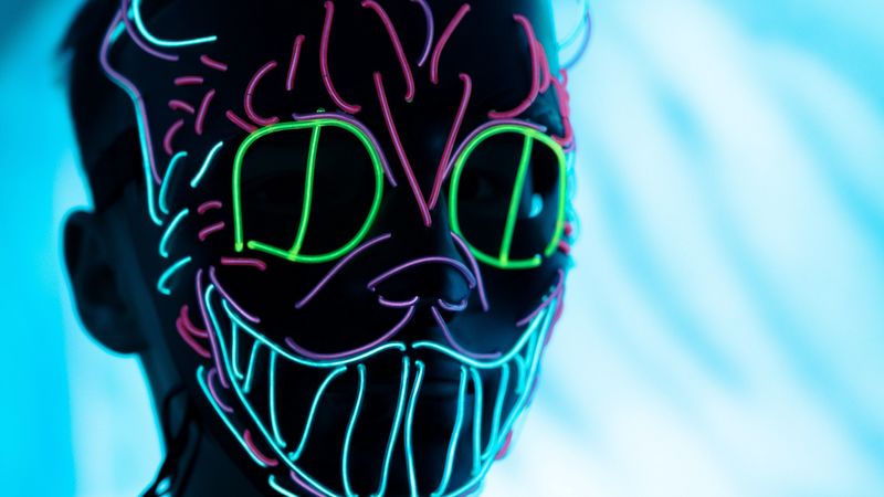 man, mask, neon, colorful, glow, 4k