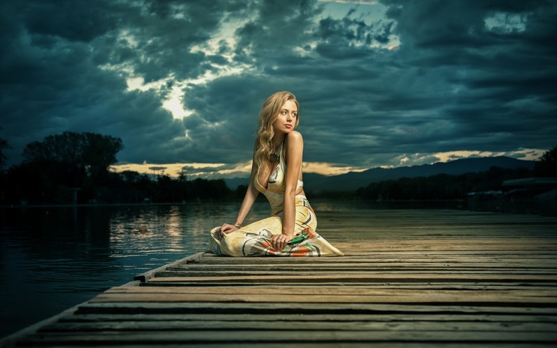 girls, model, alone, lake