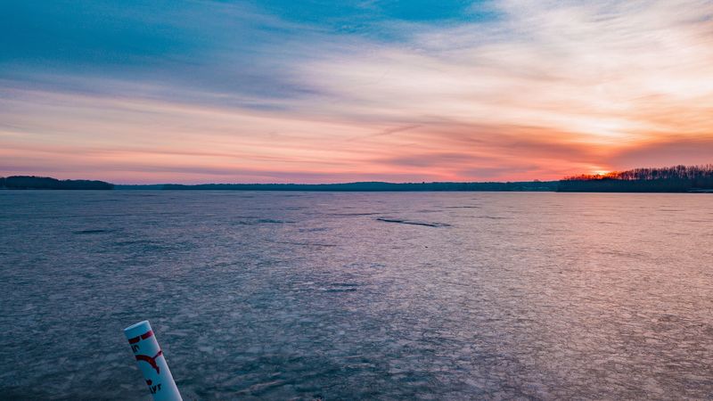 lake, ice, frozen, sunset, landscape, 4k