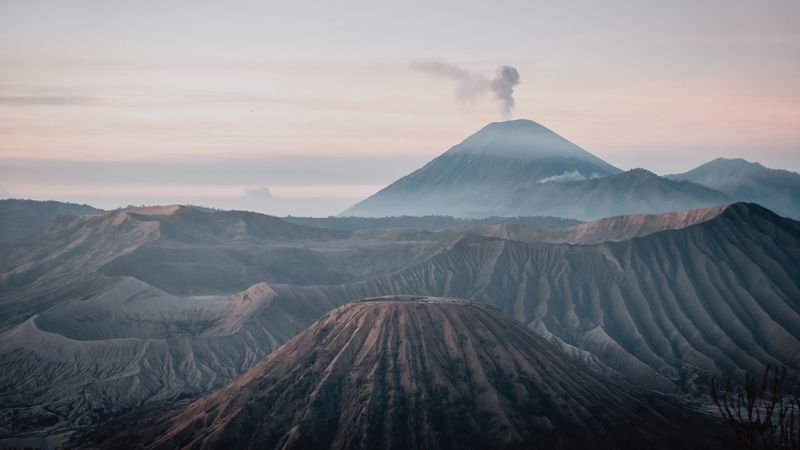 volcano, peak, smoke, fog, landscape, 4k