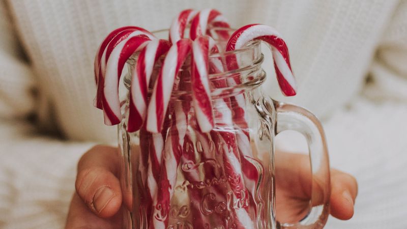 candy canes, candy, jar, hands, 4k