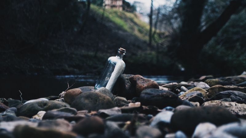 bottle, message, shore, stones, river, 4k