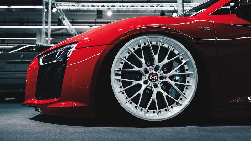 car, red, sportscar, wheel, side view, 4k