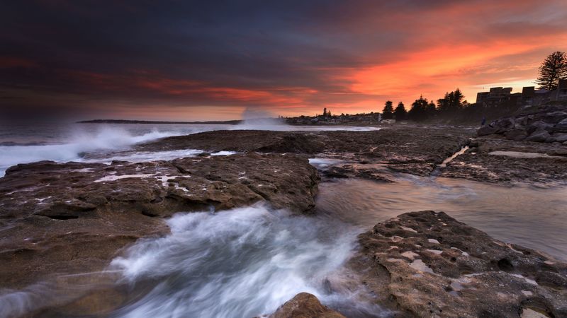 rocks, stones, surf, sea, sunset, 4k