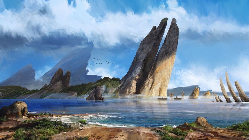 sea, rocks, boats, coast, art, 4k