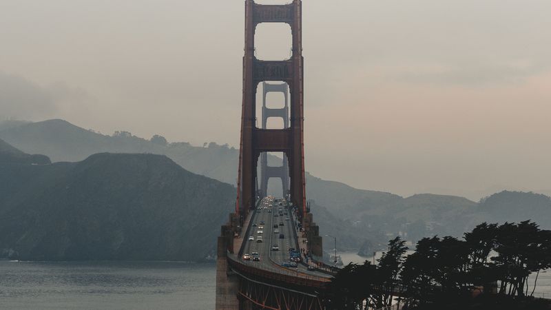 bridge, mountains, fog, coast, landscape, 4k