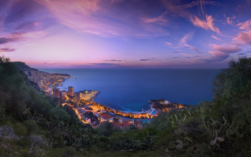 france, city, world, monaco, purple, clouds, sunset, nature