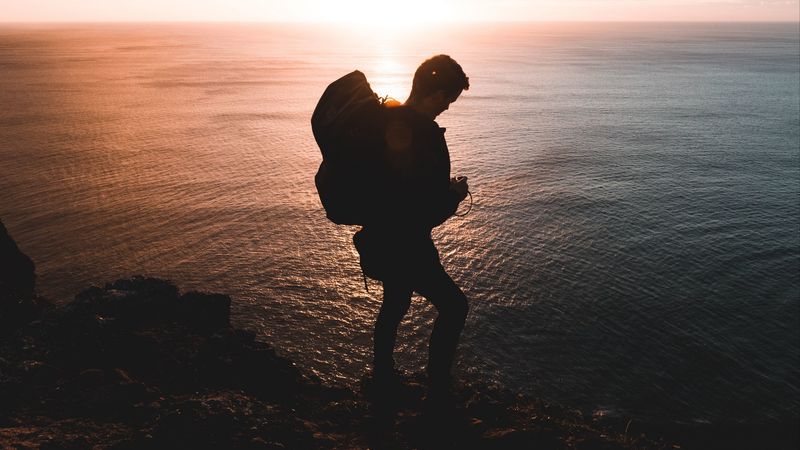 man, sea, coast, sunset, travel, 4k