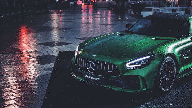 mercedes, car, green, wet, sportscar, supercar, 4k