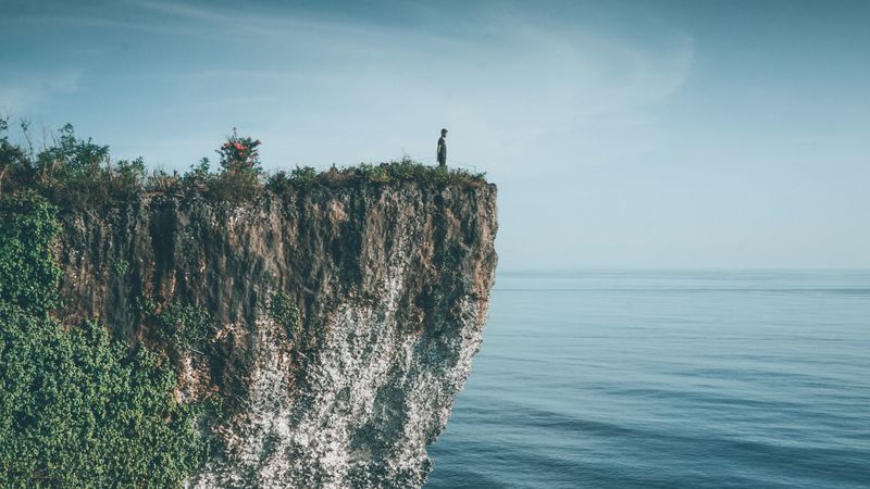 cliff, silhouette, sea, waves, nature, 4k
