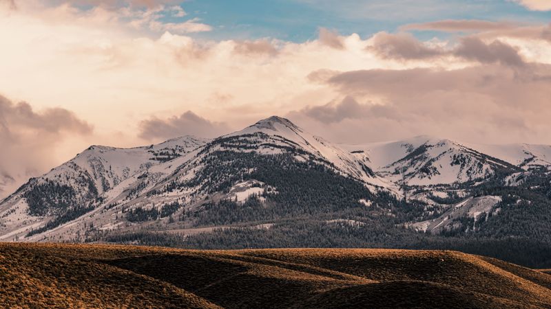 mountains, snow, clouds, hills, landscape, 4k