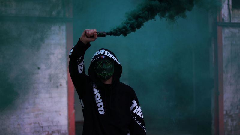 man, mask, hood, smoke, 4k