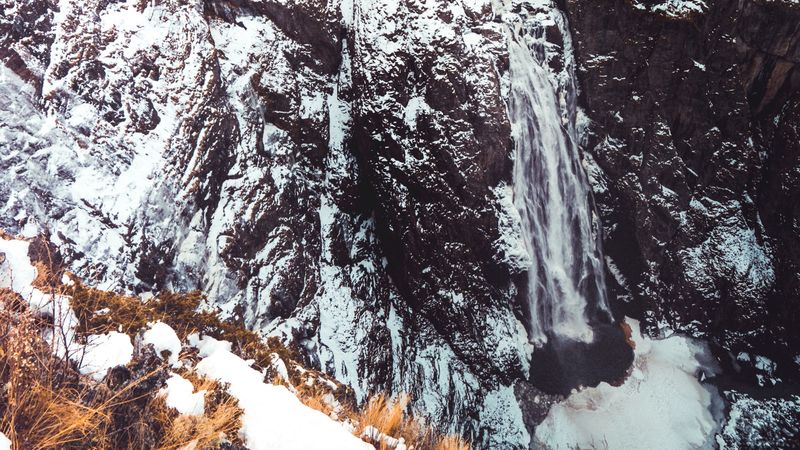 waterfall, frozen, snow, cliff, landscape, winter, 4k