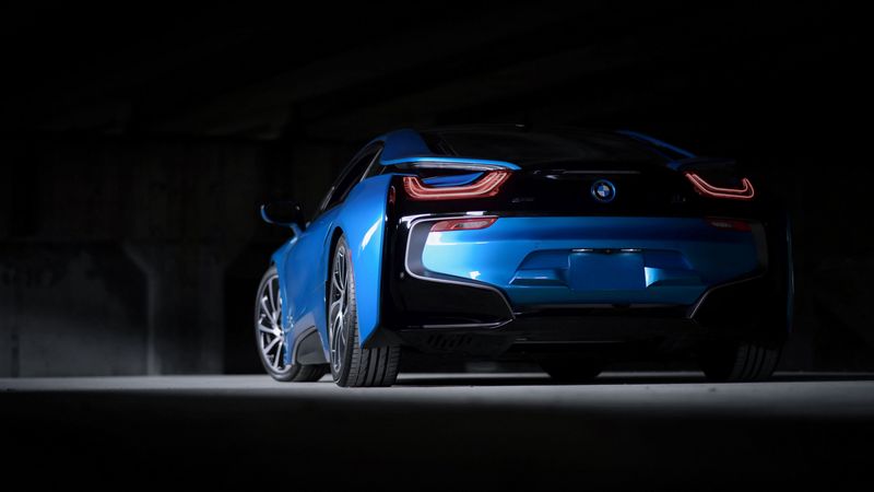 bmw i8, bmw, car, blue, sportscar, supercar, rear view, 4k