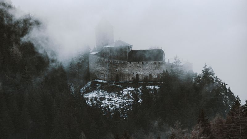 castle, fortress, hill, forest, clouds, 4k