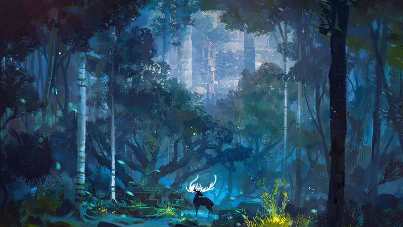 deer, horns, fantasy, castle, landscape, art, 4k
