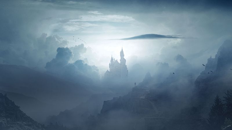 castle, clouds, fog, mountains, art, 4k