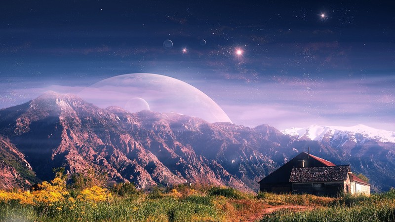 mountain, house, fantasy, digital universe, artist, digital art