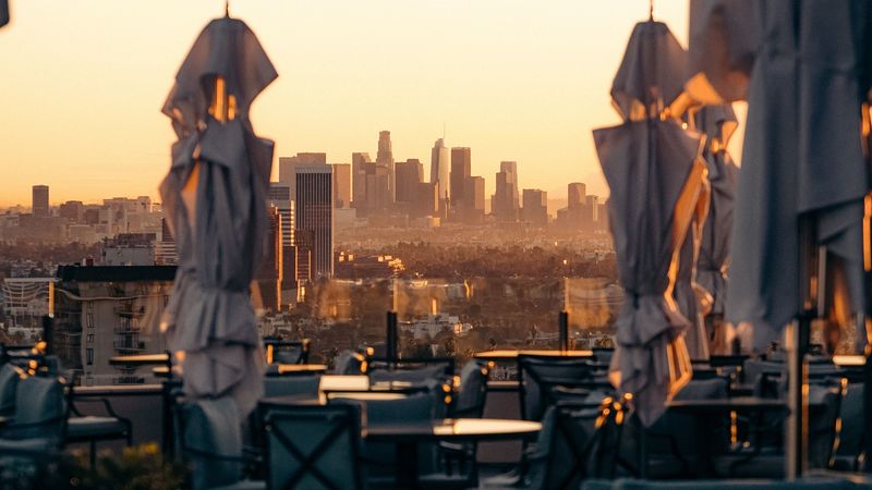 terrace, city, view, overview, buildings, 4k