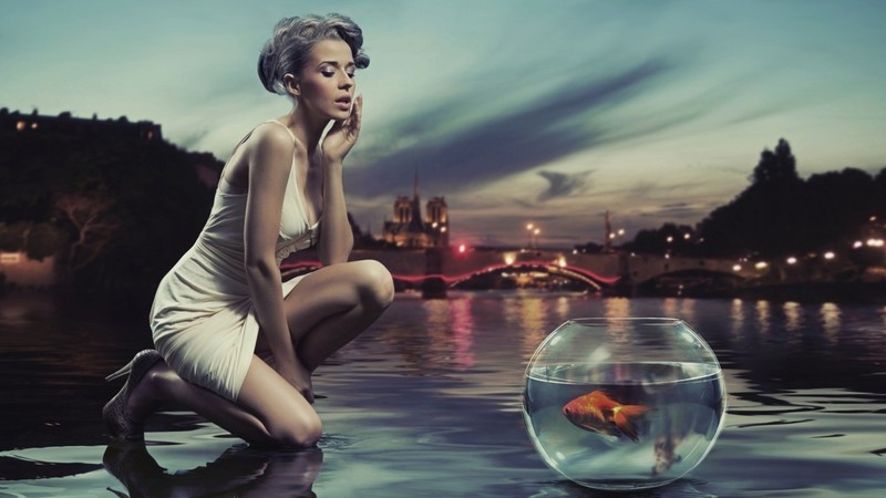 aquarium, girl, water, evening, creative