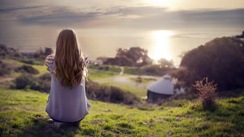 girl, nature, sky, sunset