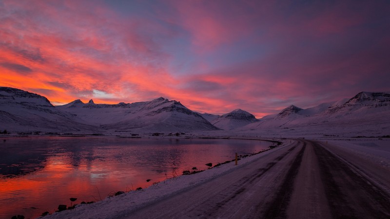 sunset, nature, beach, snow, mountains