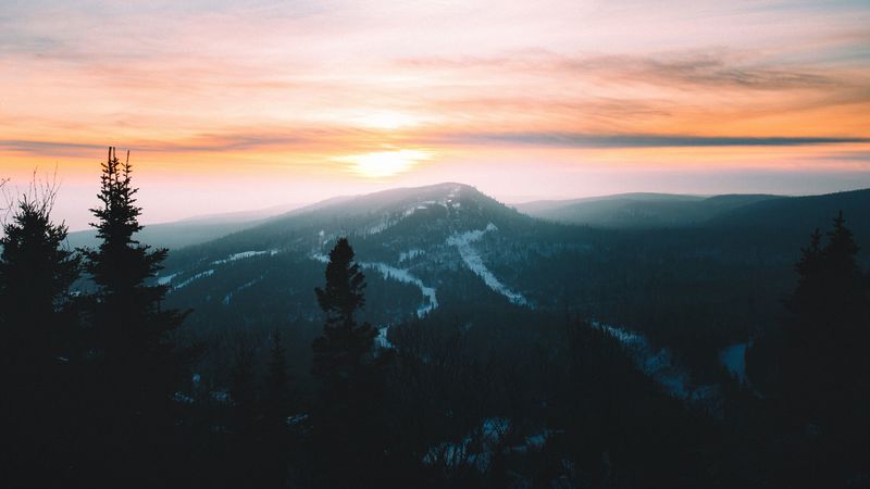 mountains, forest, fog, sunset, dusk, landscape, 4k