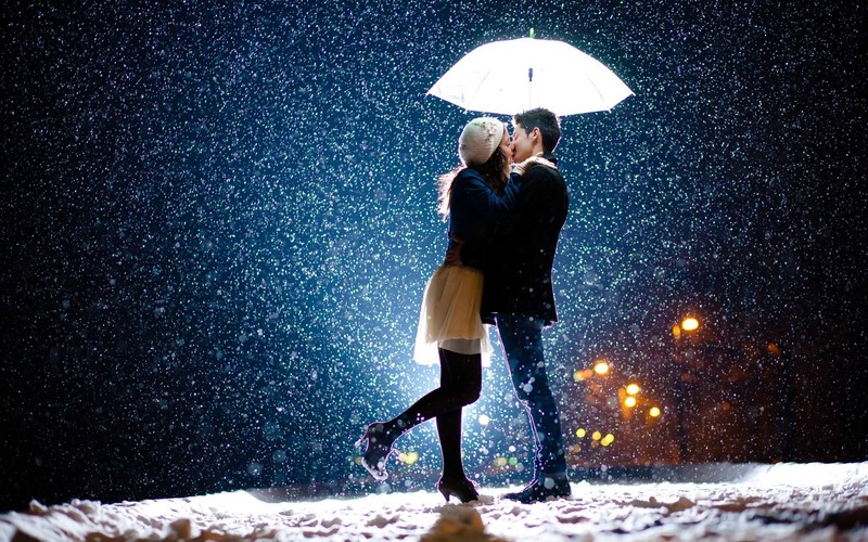 couple, kiss, snow, love