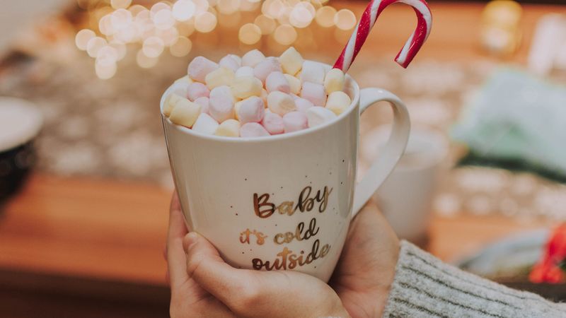 mug, inscription, marshmallows, candy cane, hands, 4k