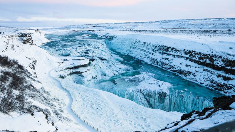 river, waterfall, ice, snow, frozen, winter, 4k