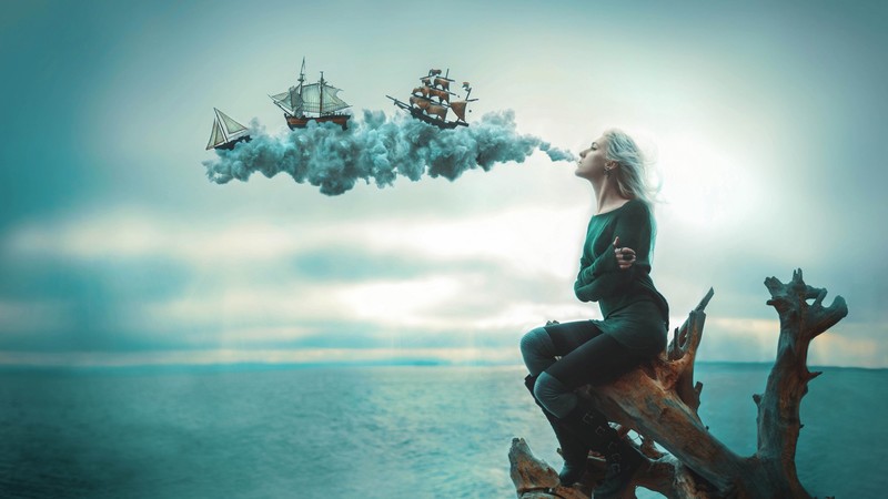 artist, digital art, sea, smoke, ship