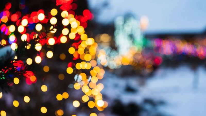 tree, lights, bokeh, blur, new year, 4k