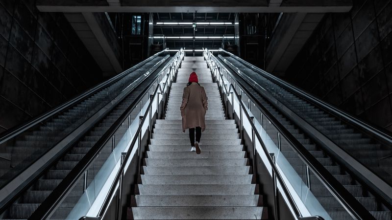 man, stairs, alone, sad, escalator, building, architecture, 4k