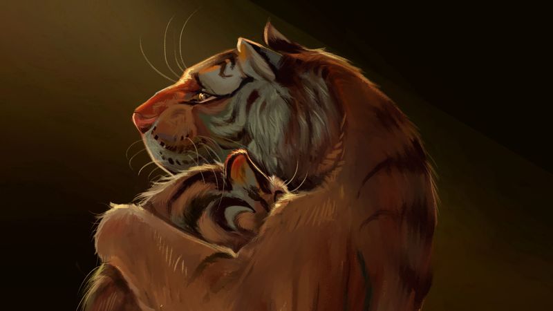 tigers, tiger, cub, hugs, art, 4k