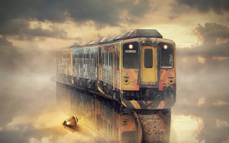 train, reflection, water, artist
