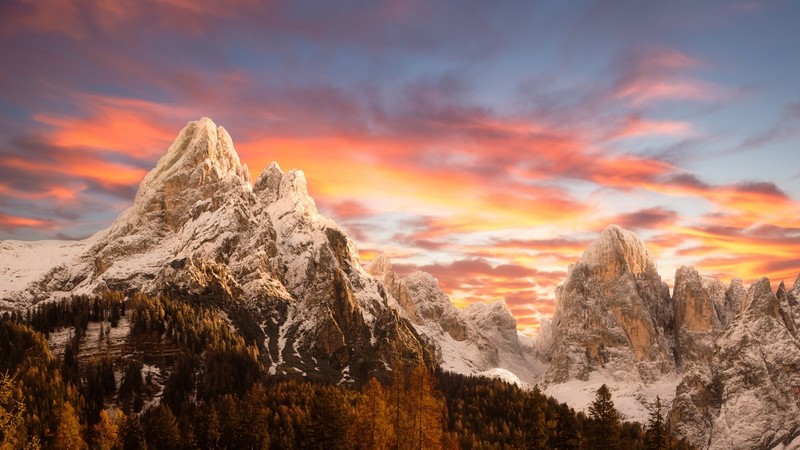 mountains, nature, dolomites, snow, trees, sky