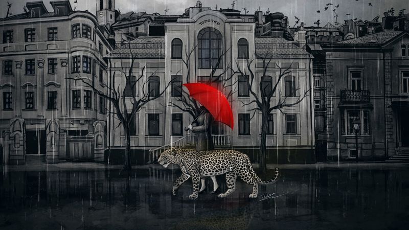 leopard, girl, umbrella, city, walk, art, 4k