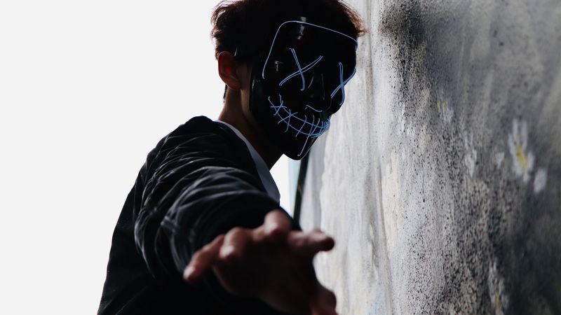 man, mask, hand, fingers, touch, 4k