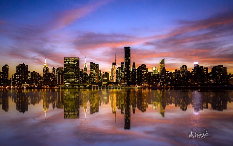 sunset, manhattan, lights