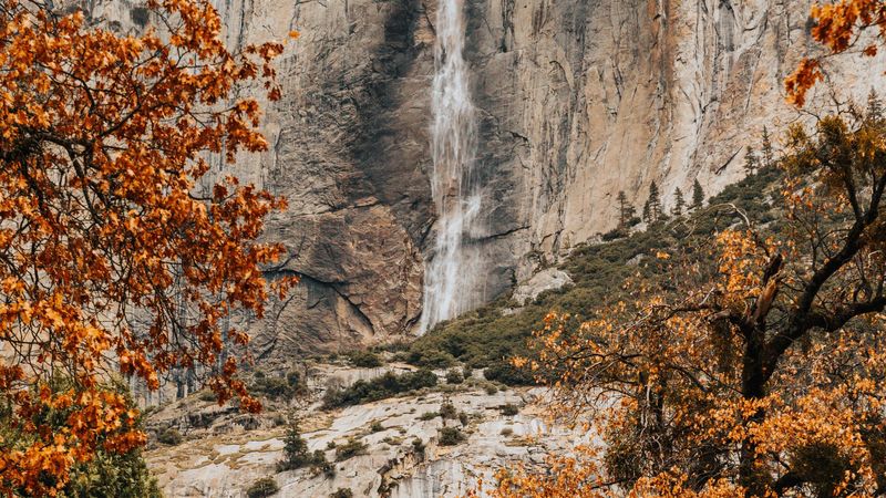 cliff, waterfall, trees, autumn, landscape, 4k