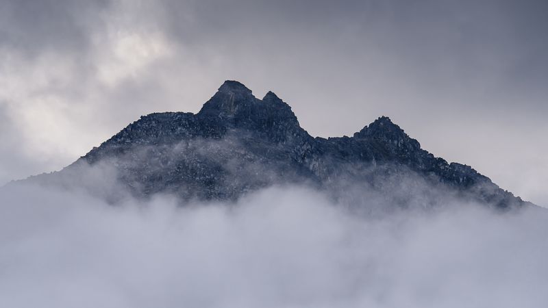mountain, clouds, fog, trees, landscape, 4k