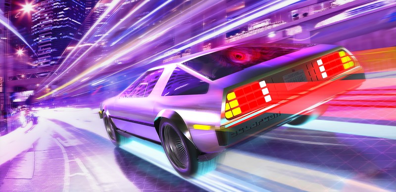 delorean, cars, artist, artwork, digital art, hd, 4k, retrowave, synthwave