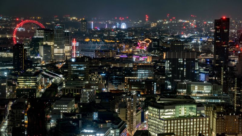 night city, buildings, architecture, glow, london, 4k