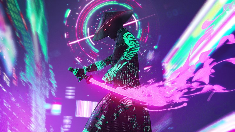 cyberpunk, neon, sword, artist, artwork, digital art, hd, 4k