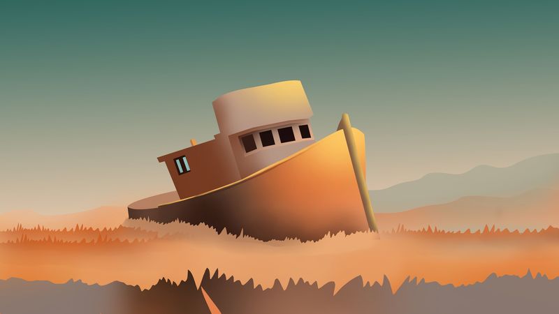 ship, ruins, grass, art, 4k