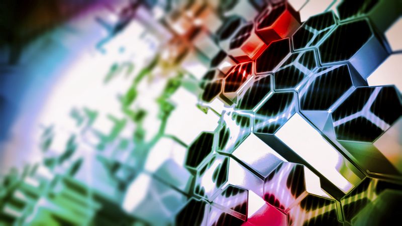 structure, hexagons, colorful, light, glare, 4k