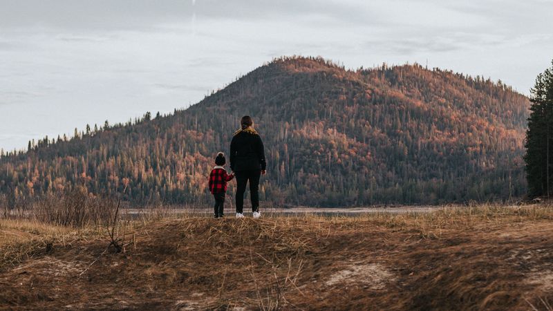 people, hill, forest, landscape, puddle, reflection, 4k