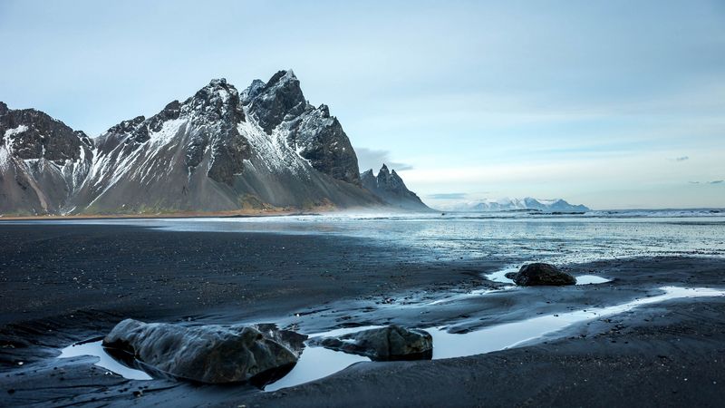 mountains, coast, stones, rocks, snowy, 4k
