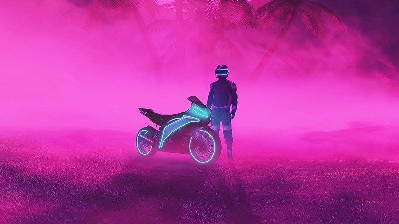 neon, biker, artist, artwork, digital art, hd, 4k, pink
